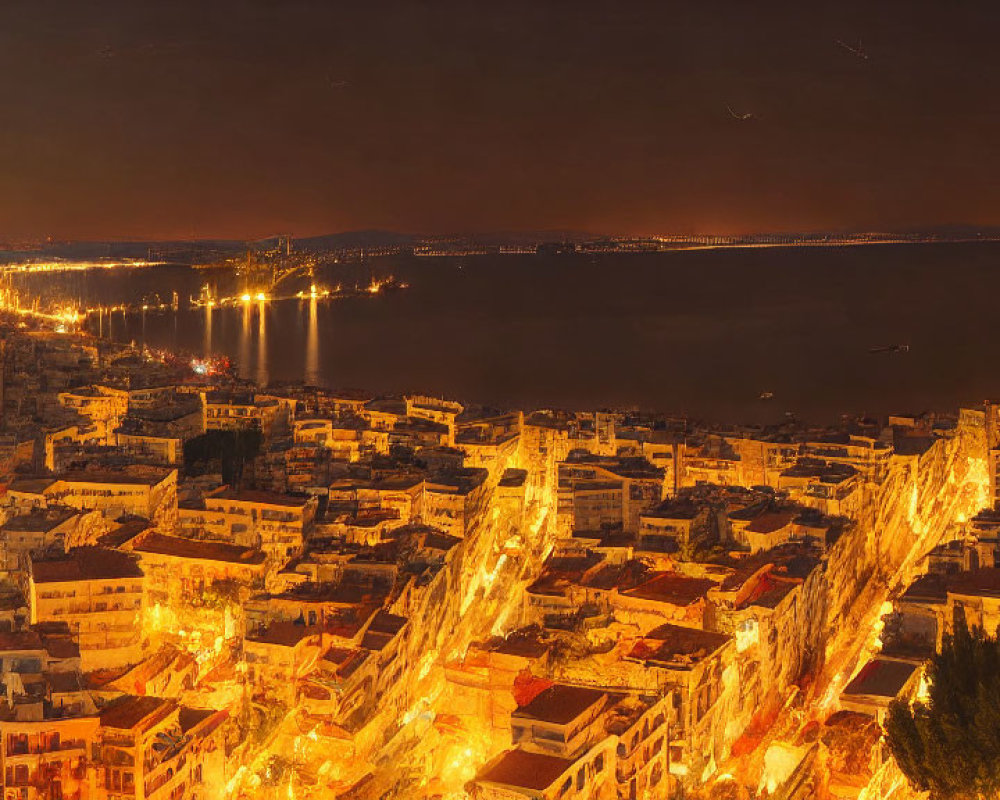 Cityscape at Night: Lit Streets Among Dense Buildings Near Calm Sea