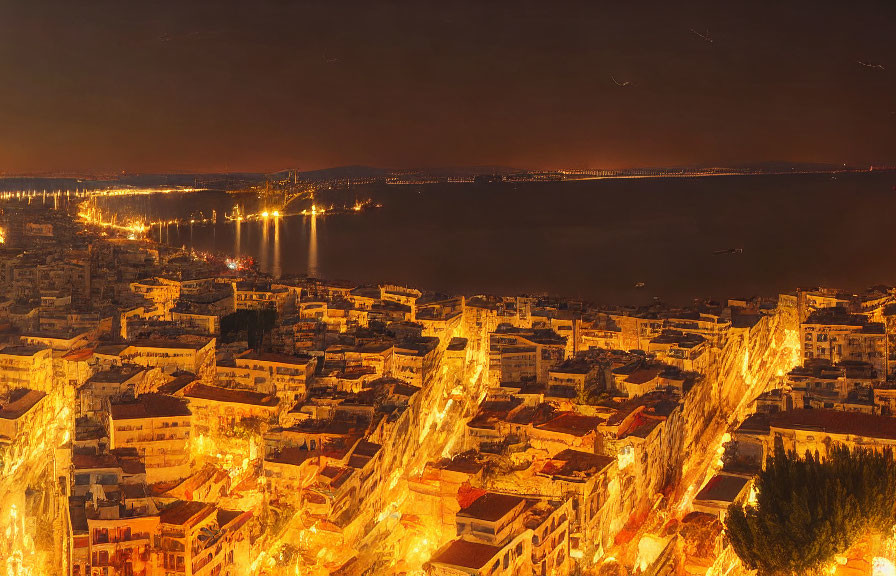 Cityscape at Night: Lit Streets Among Dense Buildings Near Calm Sea