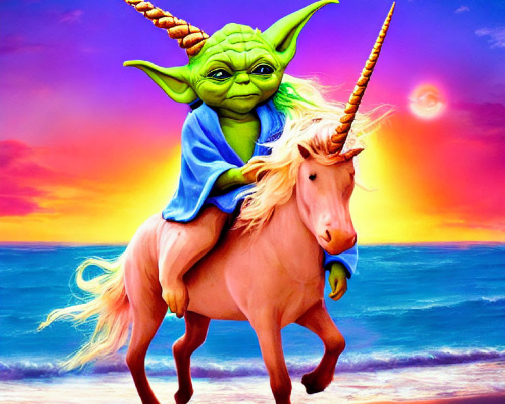 Colorful Yoda on Unicorn in Sunset Scene