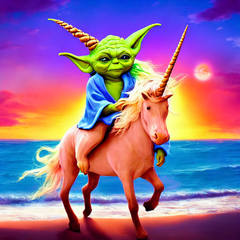 Colorful Yoda on Unicorn in Sunset Scene