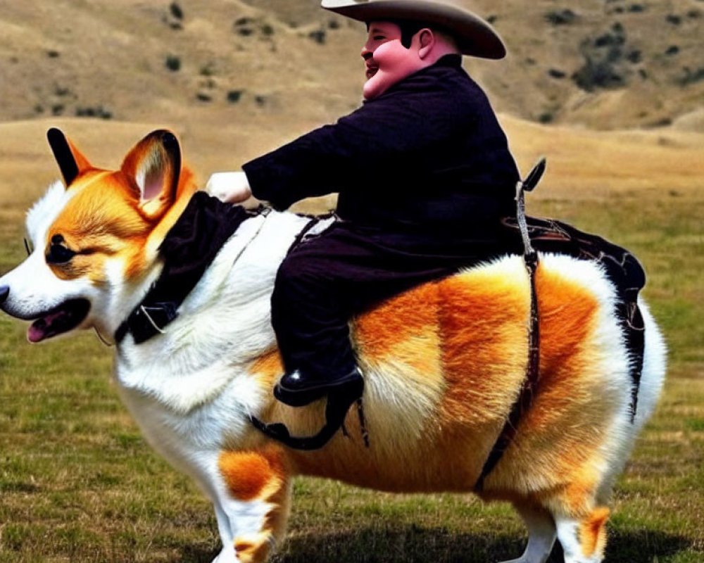 Animated cowboy character riding corpulent Corgi in grassy field