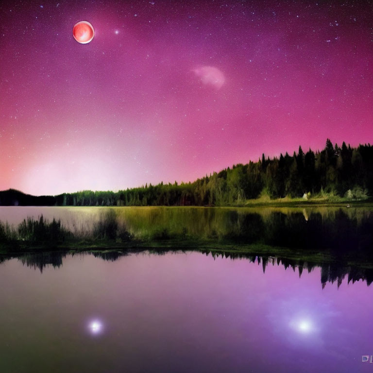 Moonlit Night Landscape: Reflective Lake, Aurora Sky, Forest Silhouette