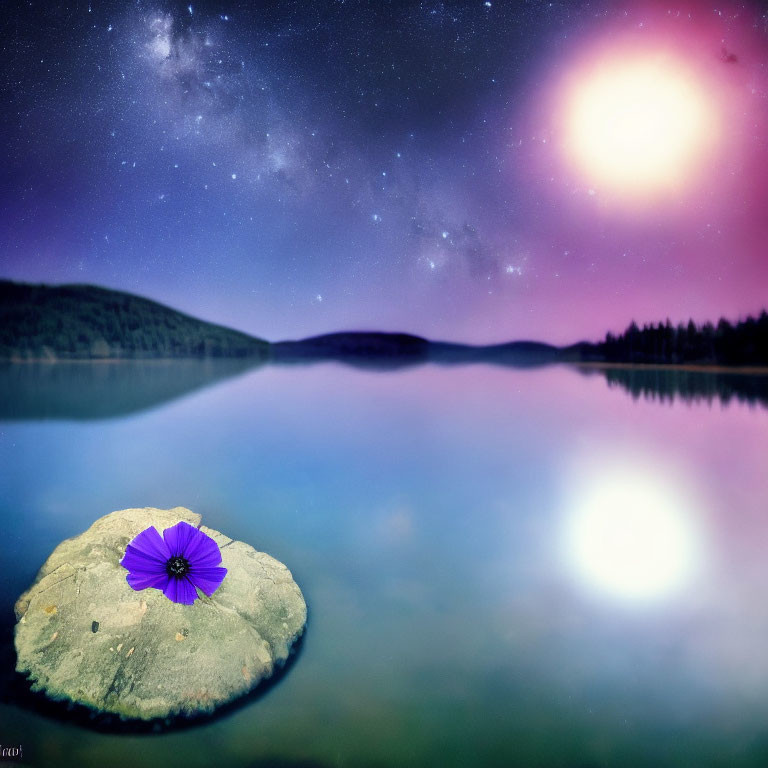 Starry Night Sky Over Serene Lake with Purple Flower