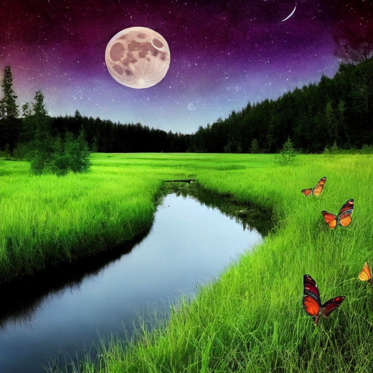 Digitally composed landscape with moon, starry sky, green field, stream, butterflies