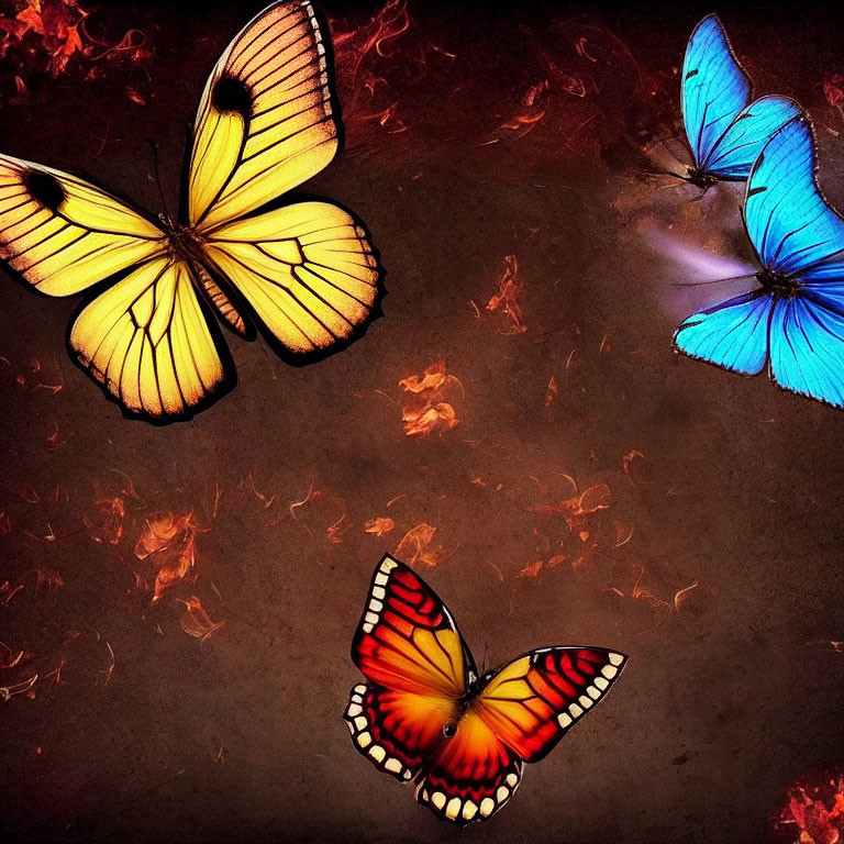 Colorful butterflies on dark background with flame-like patterns