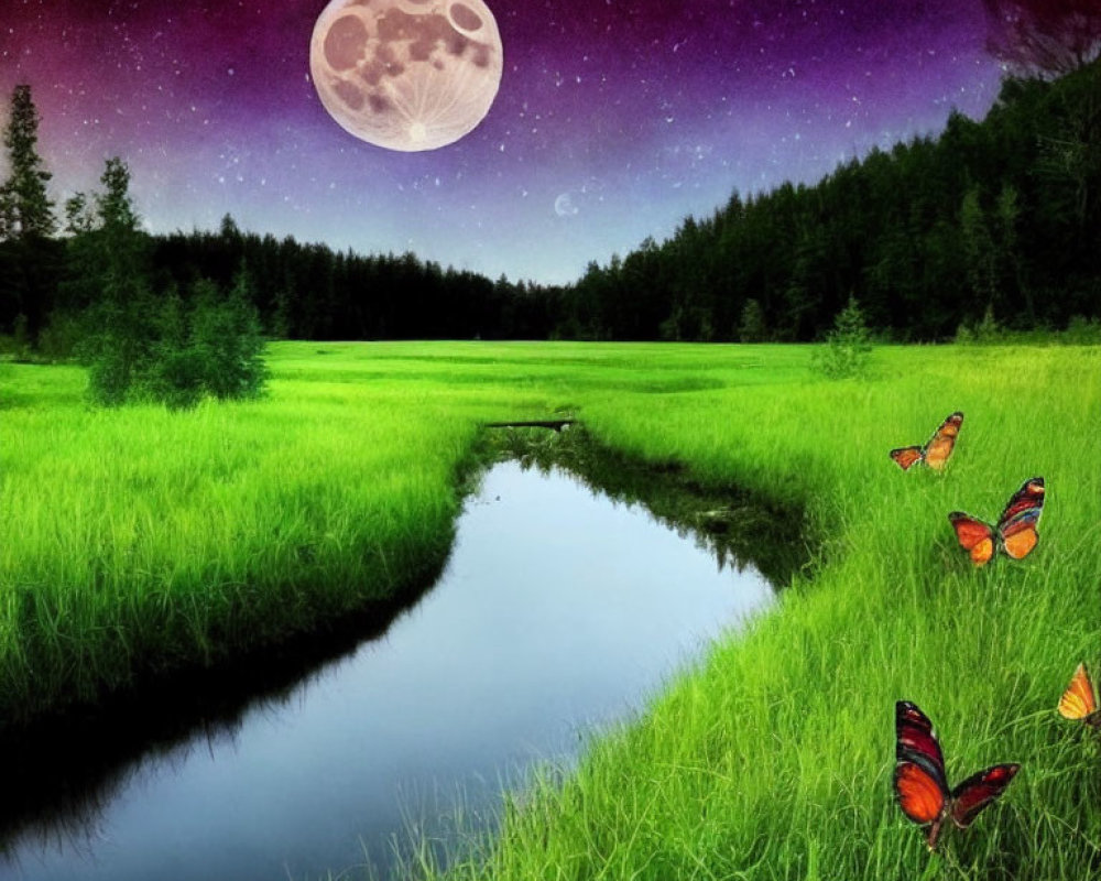 Digitally composed landscape with moon, starry sky, green field, stream, butterflies