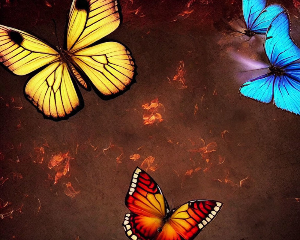 Colorful butterflies on dark background with flame-like patterns