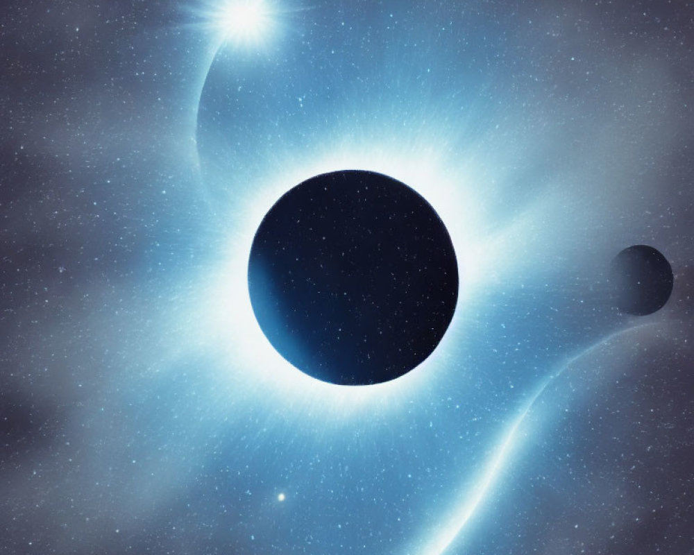 Solar Eclipse with Bright Corona, Star, and Planets in Celestial Scene