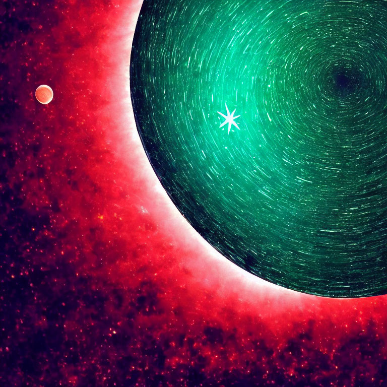 Colorful Cosmic Scene: Green Galaxy, Pink Nebula, Star, Planet