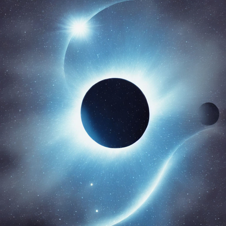 Solar Eclipse with Bright Corona, Star, and Planets in Celestial Scene