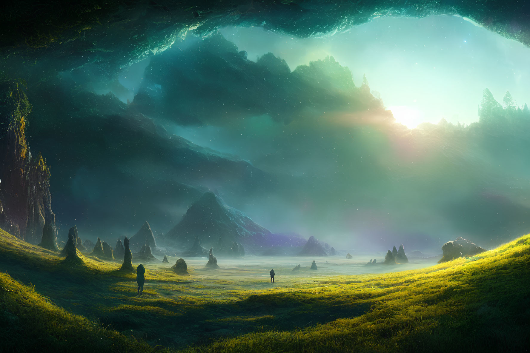 Sunlit grassy clearing, towering mountains, mist, and silhouetted figures in fantastical