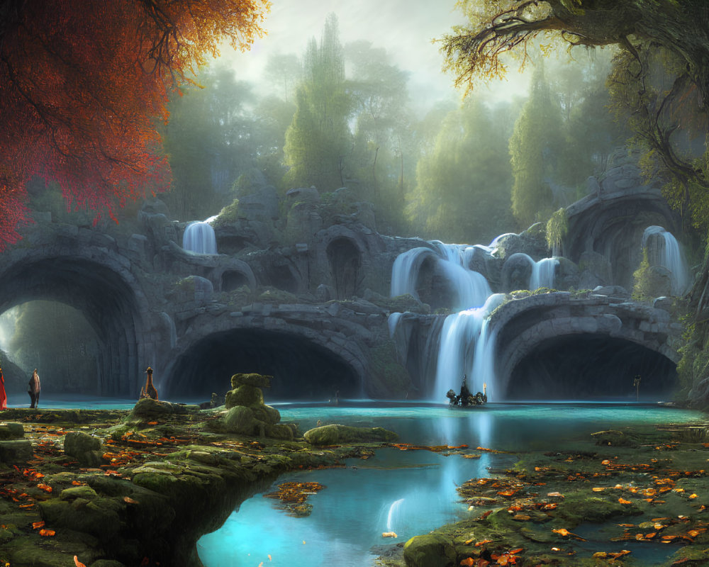 Fantastical landscape with waterfalls, blue pond, greenery, autumnal trees, and ro