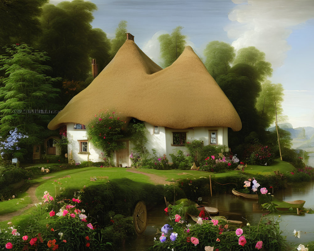 Tranquil countryside landscape with thatched-roof cottage, lush greenery, flowers, and calm