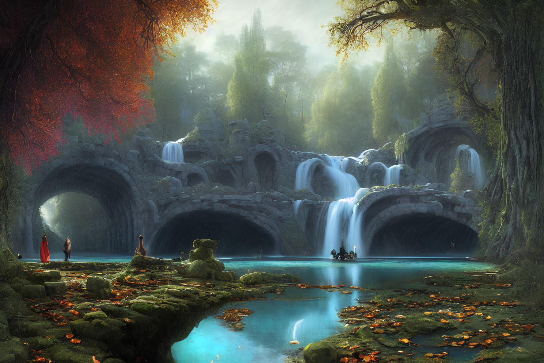 Fantastical landscape with waterfalls, blue pond, greenery, autumnal trees, and ro