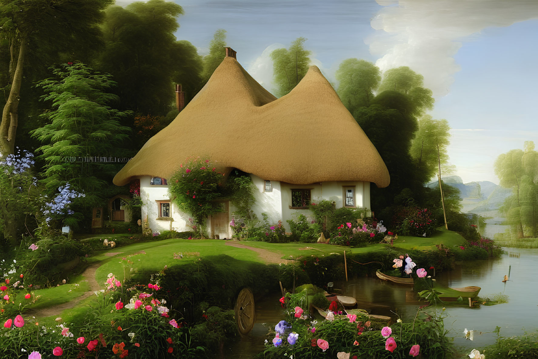 Tranquil countryside landscape with thatched-roof cottage, lush greenery, flowers, and calm