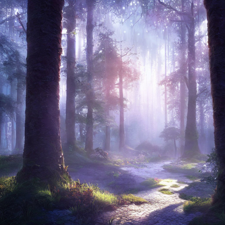 Misty forest scene with sunlight illuminating stone path