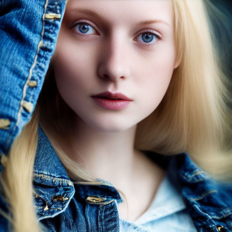 Close-up portrait of fair-skinned person in denim garment, blonde hair, direct gaze