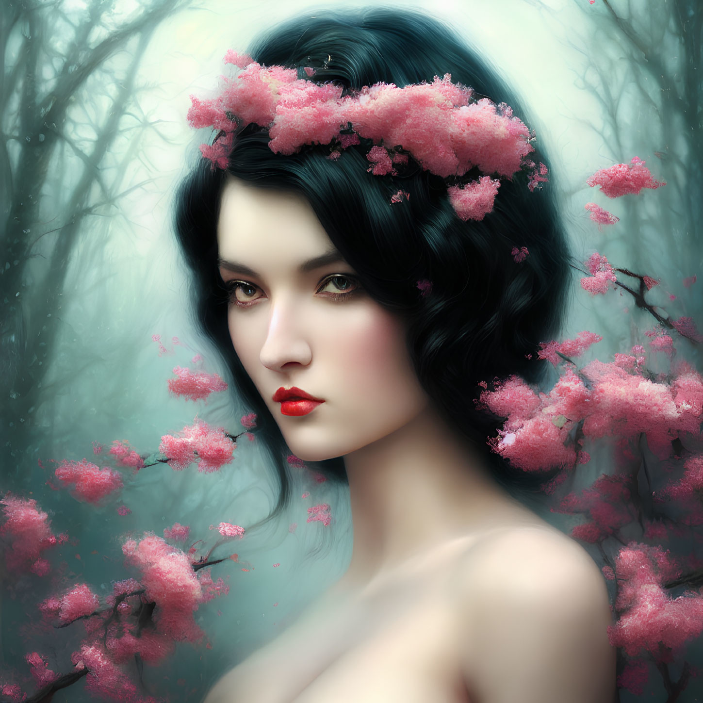 Portrait of woman with black hair and cherry blossom wreath in misty background