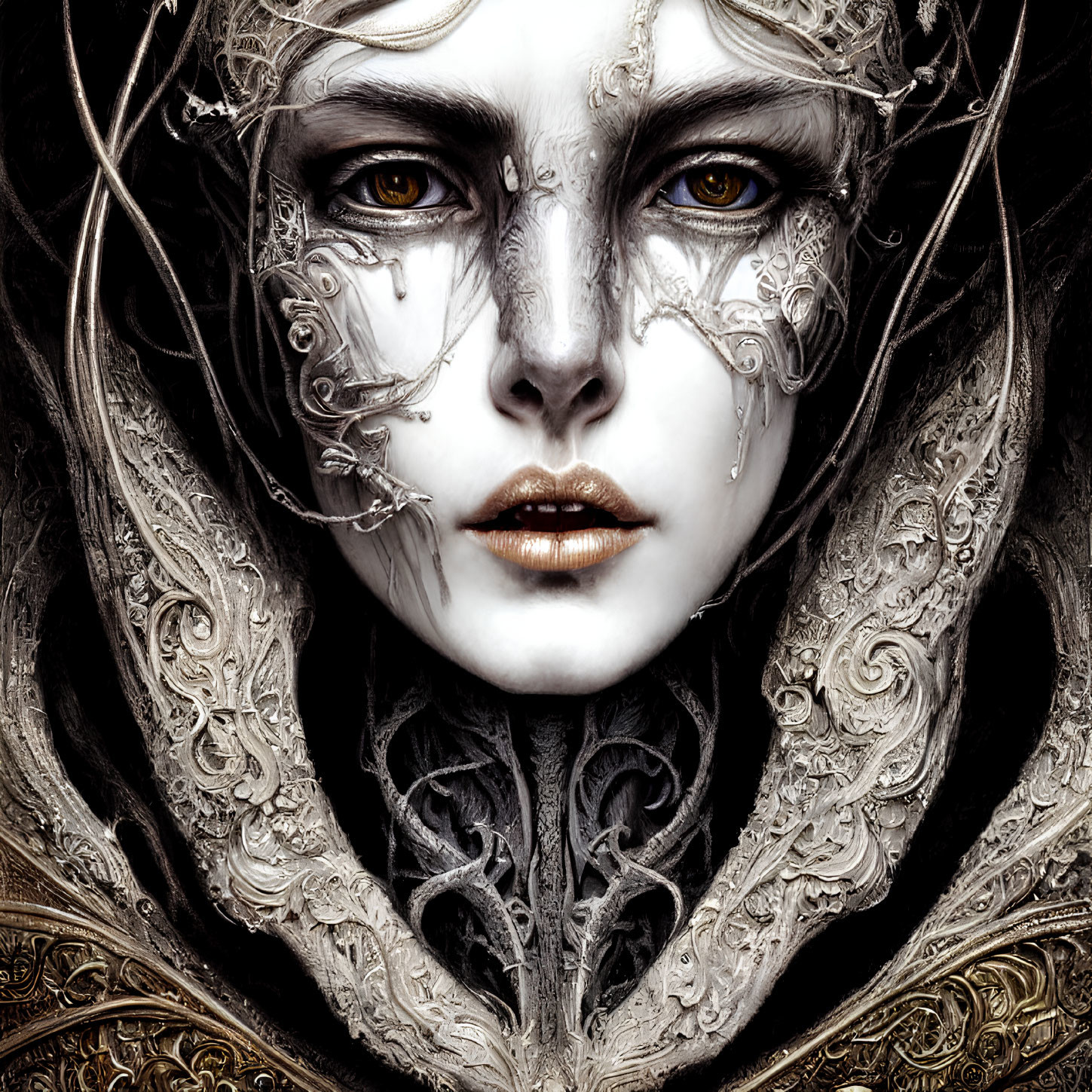 Fantasy portrait of woman with silver headgear and intricate facial markings