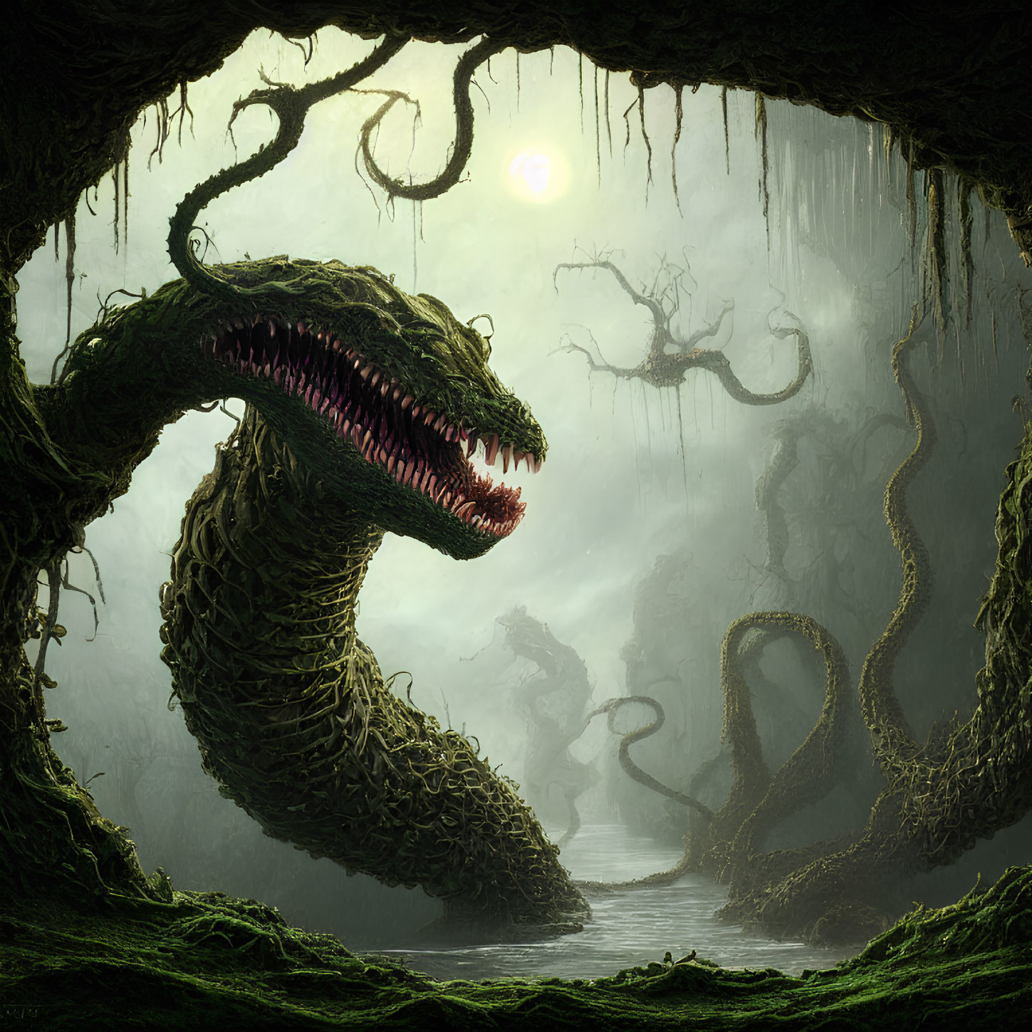 Sinister serpent-like creature in misty forest landscape.