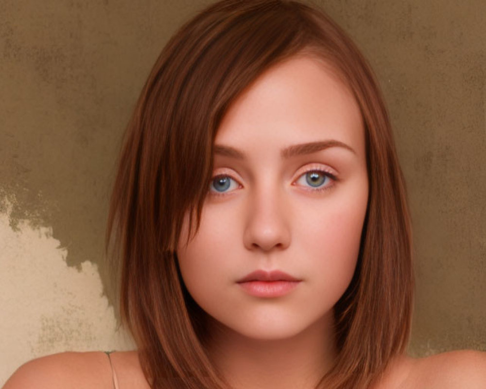 Young woman's digital portrait: short brown hair, blue eyes, gazing at viewer on beige backdrop