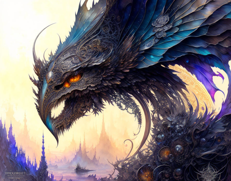 Majestic dragon with intricate scales and ornate horns in mystical forest.