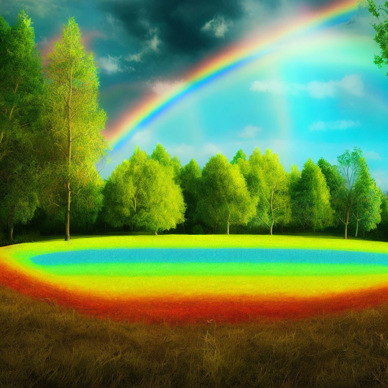 Vibrant rainbow over surreal landscape with circular rainbow-colored field.