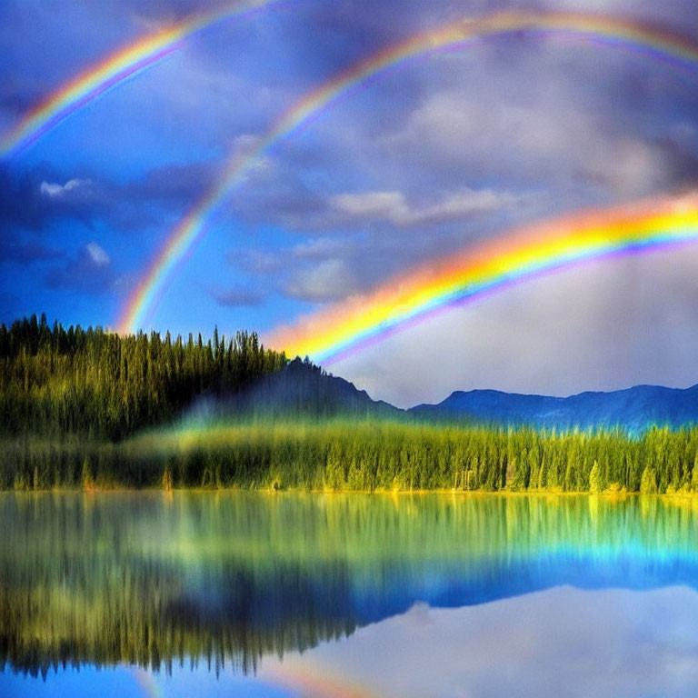 Scenic double rainbow over tranquil lake with reflection and trees in partly cloudy sky