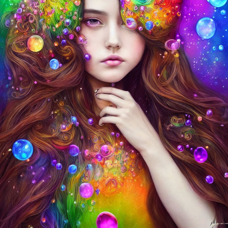 Vibrant galaxies and planets adorn girl's voluminous hair