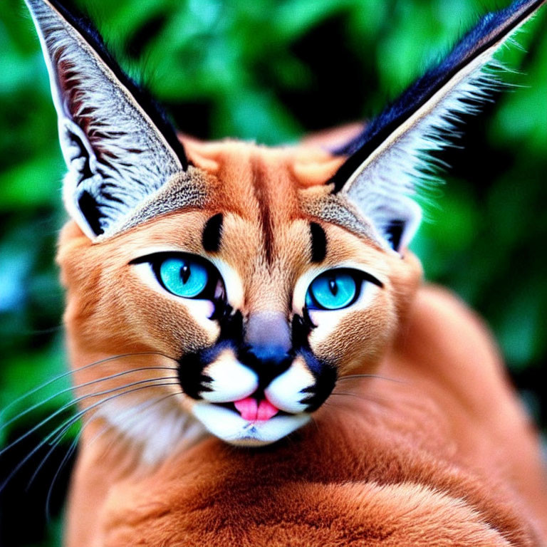 Close-up of Caracal with Blue Eyes and Black Ear Tufts on Green Background