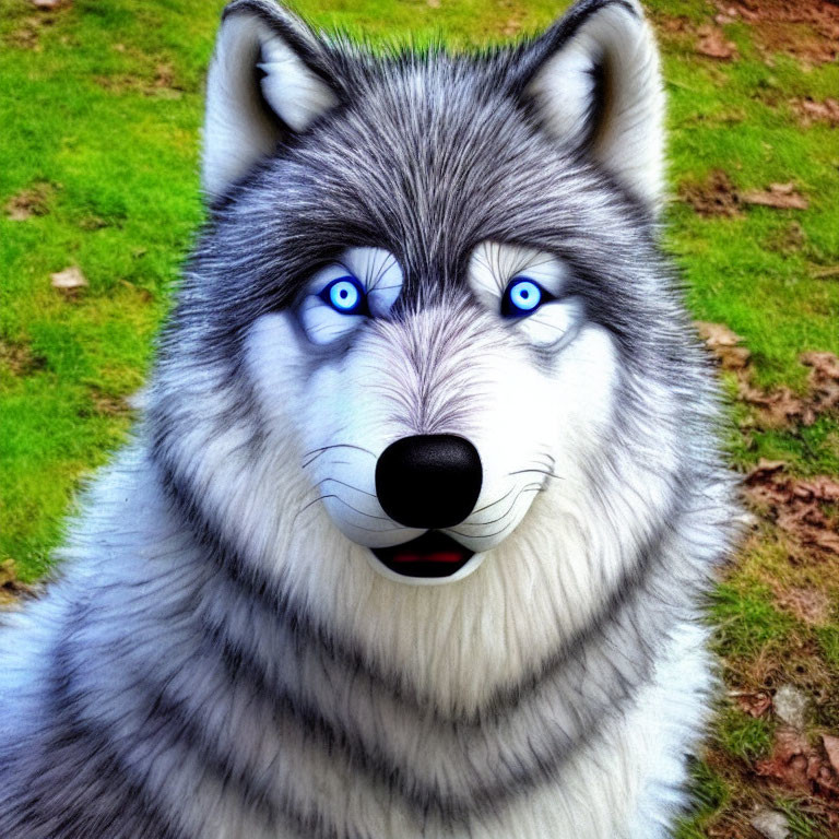 Colorful digital art: Blue-eyed husky with cartoon features on green backdrop