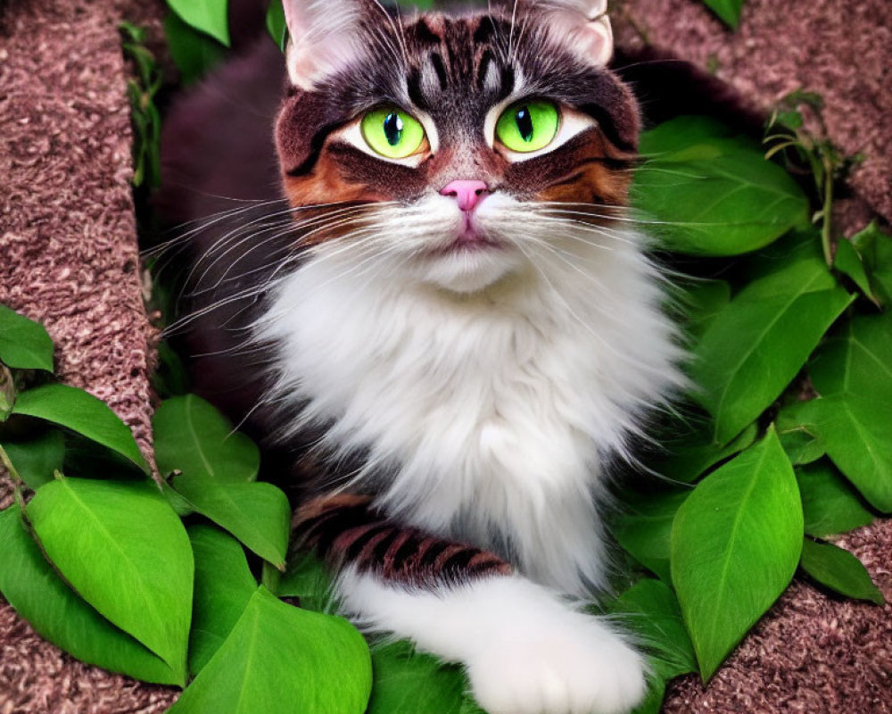 Fluffy Brown and White Cat with Green Eyes Among Green Leaves