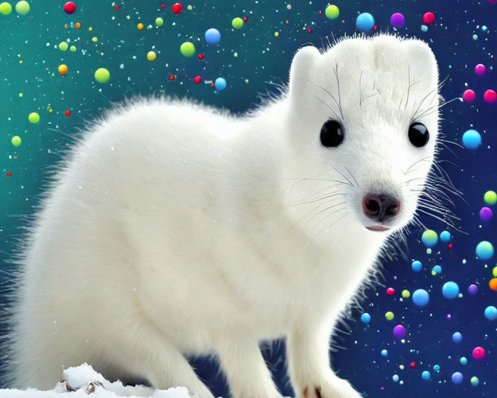 White stoat in winter coat on snow with colorful bokeh lights