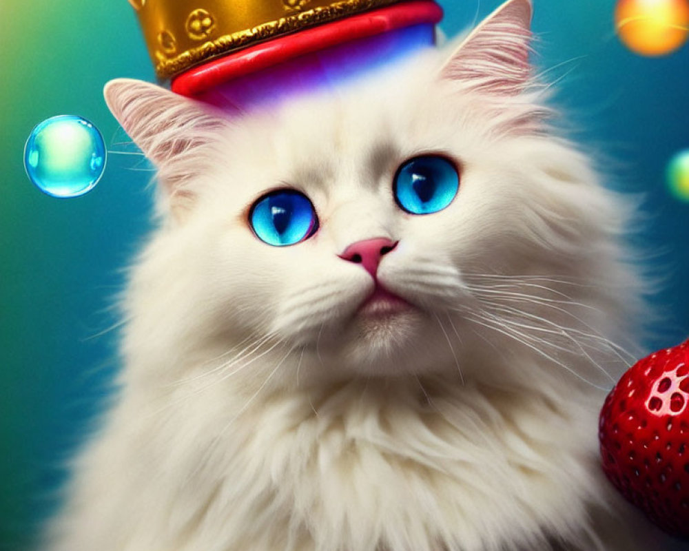 White fluffy cat with blue eyes wearing golden crown surrounded by bubbles on blue-green background