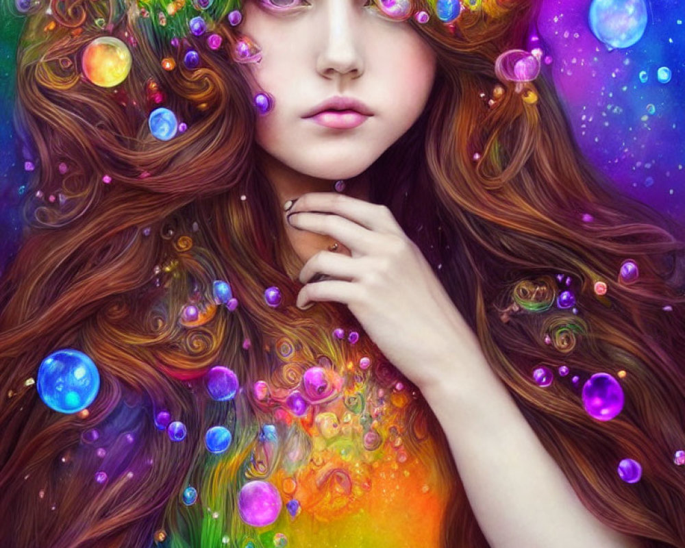 Vibrant galaxies and planets adorn girl's voluminous hair