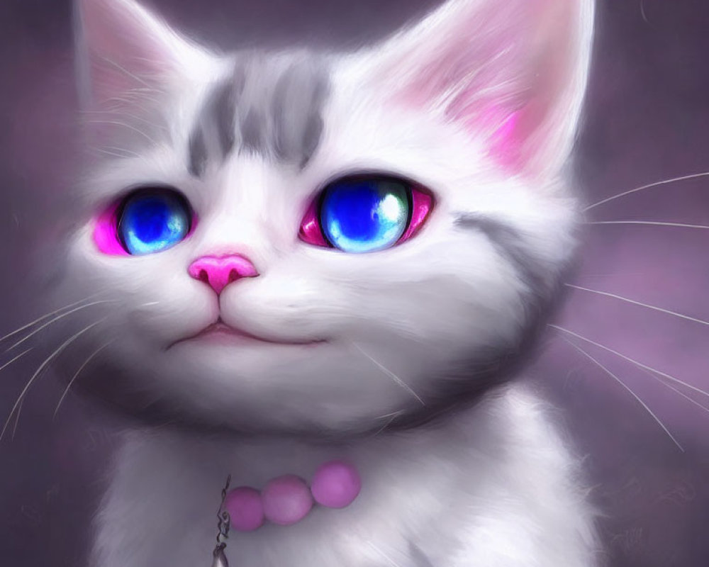 White Fluffy Kitten with Blue Eyes and Pink Collar on Purple Background