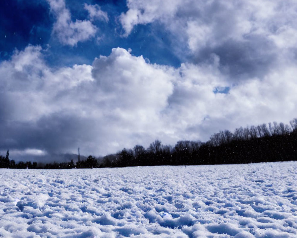 Snowy Landscape Under Dramatic Blue Sky with Fluffy Clouds