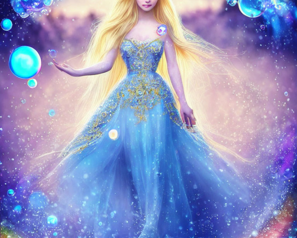 Fantasy princess in blue gown with magical bubbles on purple background