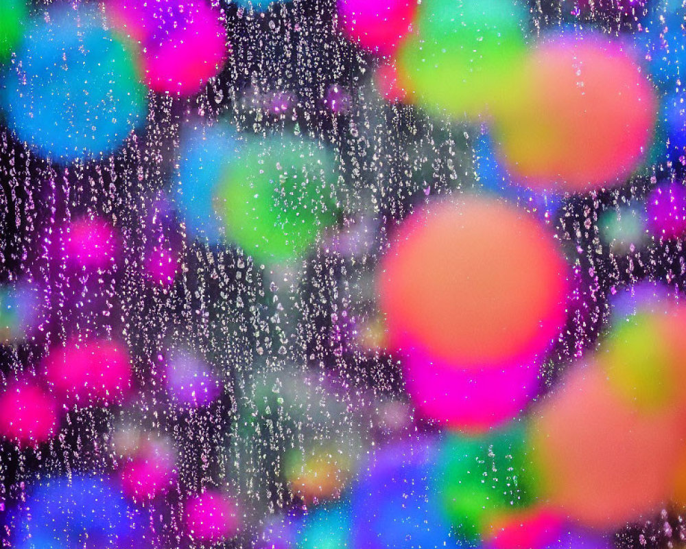 Vibrant bokeh lights through raindrop-speckled window