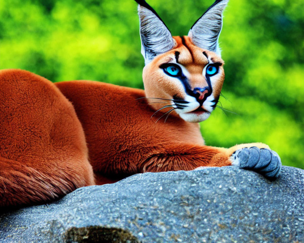 Hybrid creature with caracal body and human face on rock in green setting