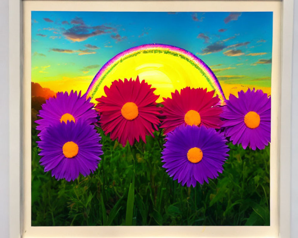 Colorful Neon Rainbow Over Vibrant Flowers in White Frame