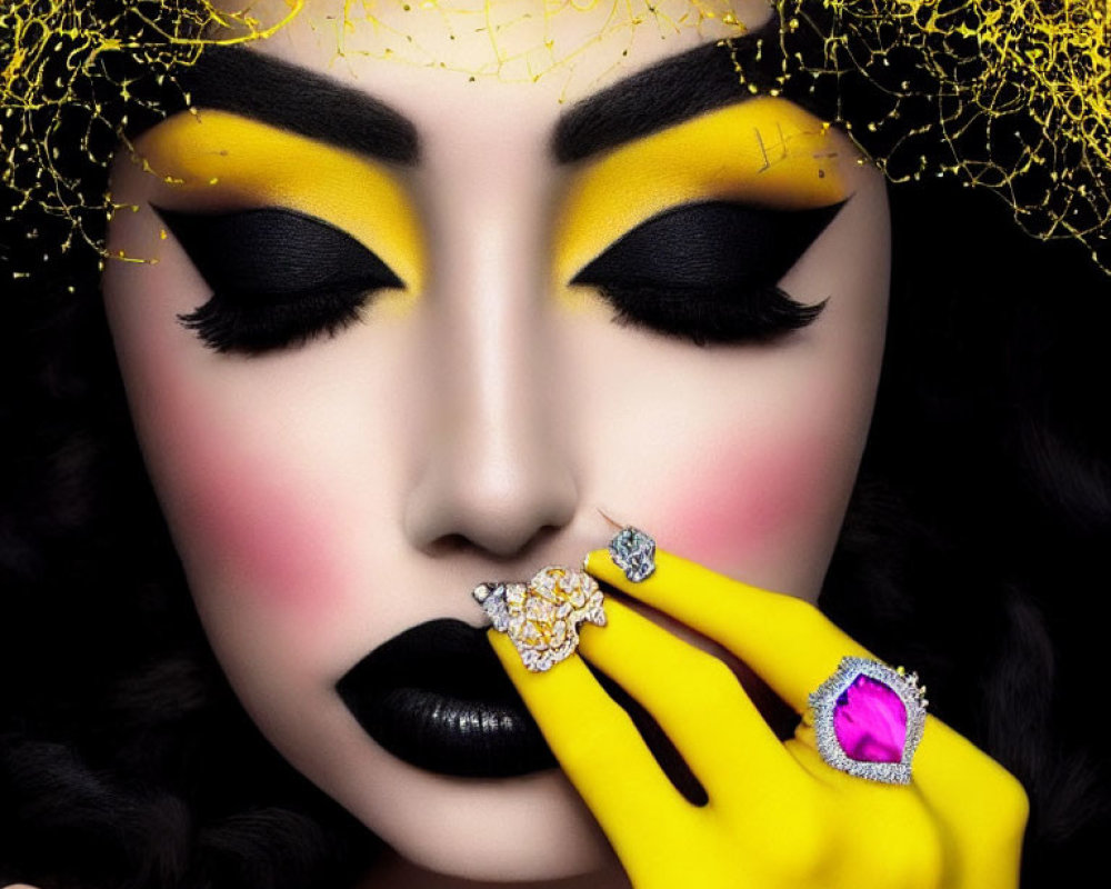 Woman with Bold Yellow Eyeshadow Holding Sparkling Yellow Filigree Ring