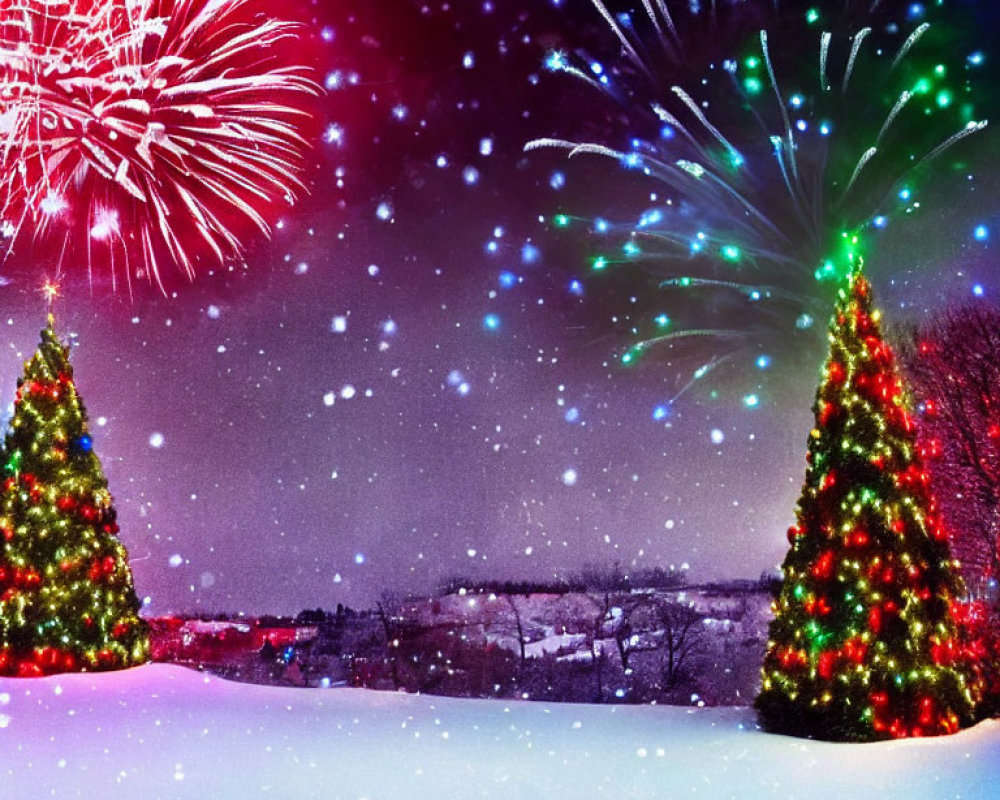 Vibrantly Lit Christmas Trees in Snowy Landscape with Fireworks