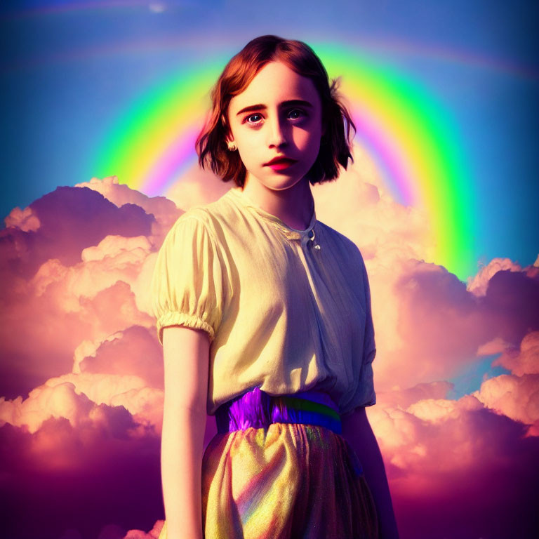 Young girl in vintage yellow blouse under double rainbow