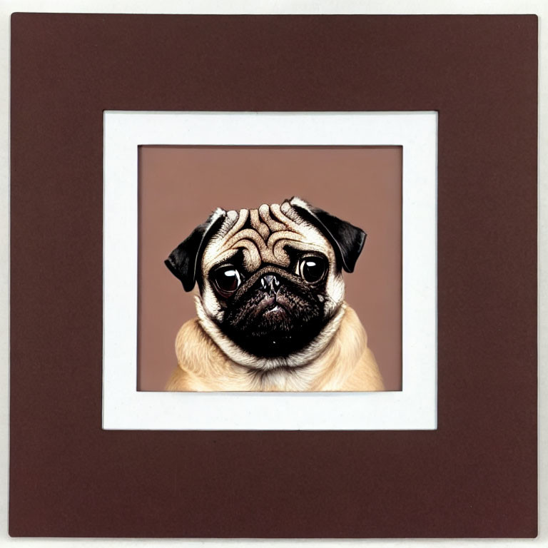 Wrinkled-faced pug with sad expression on brown background.