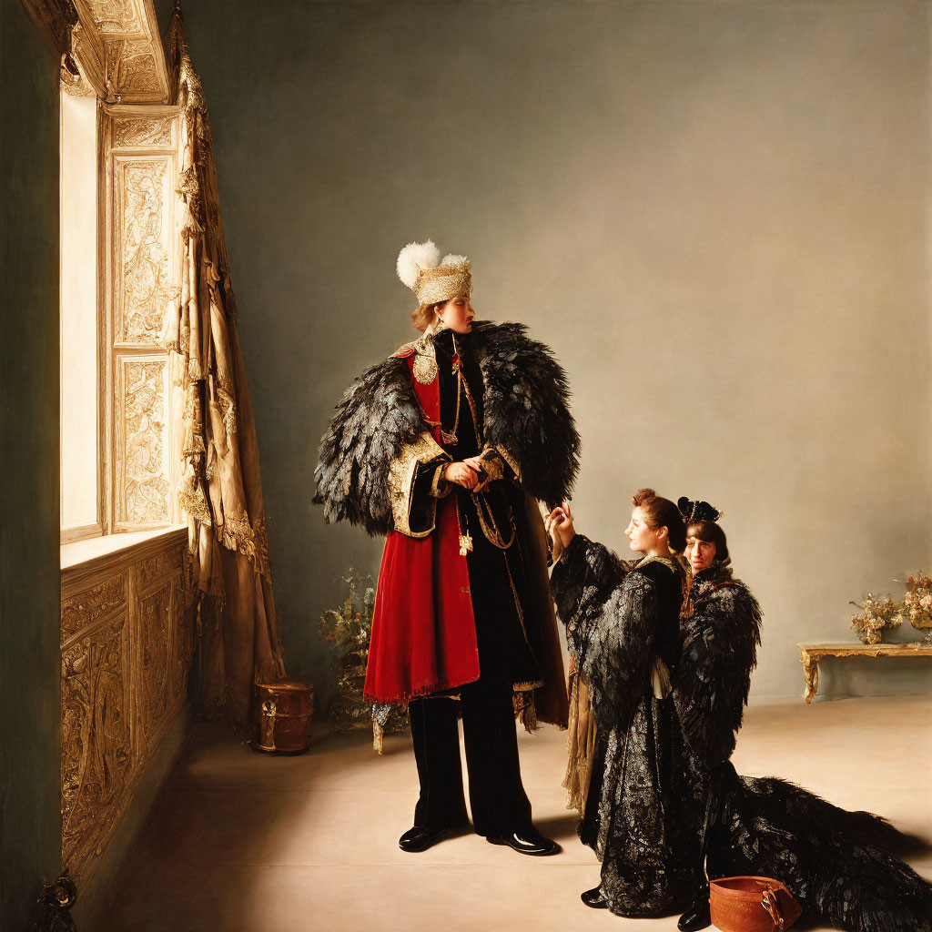 Elaborate historical attire with fur mantle and hat by window