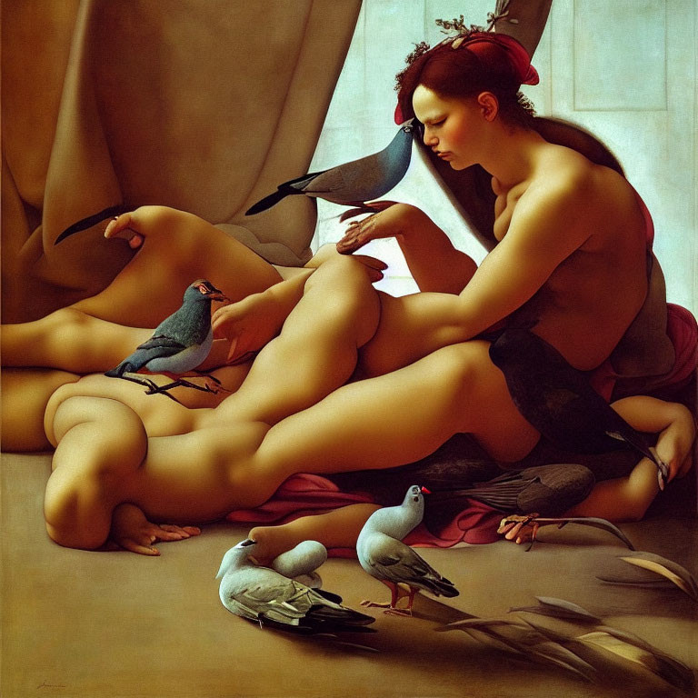 Seated nude woman with red hair surrounded by pigeons and feathers