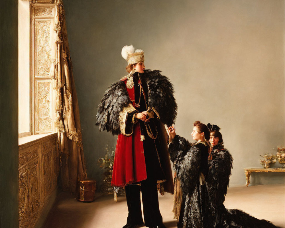 Elaborate historical attire with fur mantle and hat by window