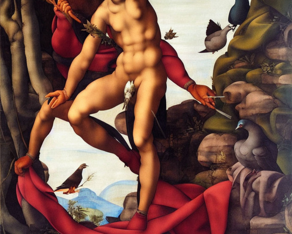 Classical painting of nude mythological figure with birds and bow