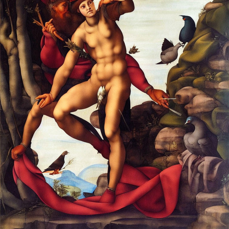 Classical painting of nude mythological figure with birds and bow